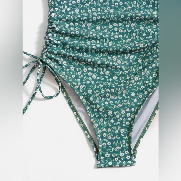 Romwe Green & White Floral Print Side Drawstring One Piece Swimsuit Size Large - Picture 14 of 15